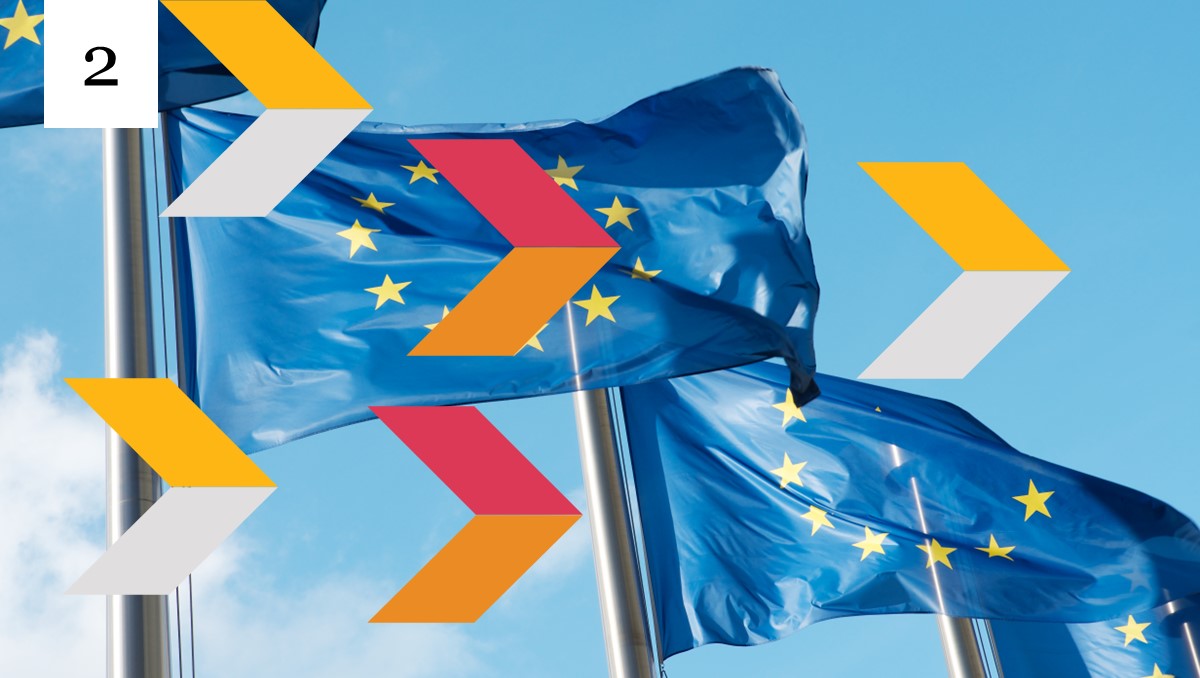 Image shows EU flags and the episode number two